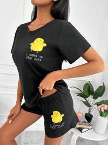 EURMUSE Cartoon & Slogan Graphic PJ Set - Black - View 3