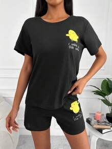 EURMUSE Cartoon & Slogan Graphic PJ Set - Black - View 4