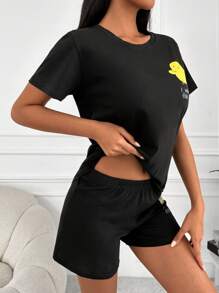 EURMUSE Cartoon & Slogan Graphic PJ Set - Black - View 6