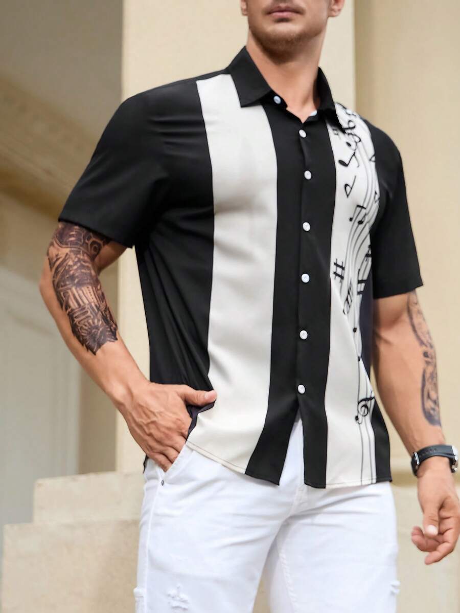 Manfinity Homme Nam Plus Khối màu Nút Lên Áo sơ mi - Đen và trắng - Xem 1