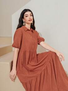 Mulvari Cotton Puff Sleeve Ruffle Hem Smock Dress