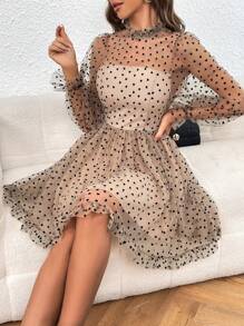 Firerie Allover Heart Print Flounce Sleeve Mesh Overlay Dress - Brown - View 1