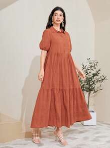 Mulvari Cotton Puff Sleeve Ruffle Hem Smock Dress