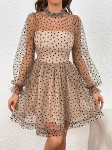 Firerie Allover Heart Print Flounce Sleeve Mesh Overlay Dress - Brown - View 3