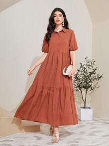 Mulvari Cotton Puff Sleeve Ruffle Hem Smock Dress