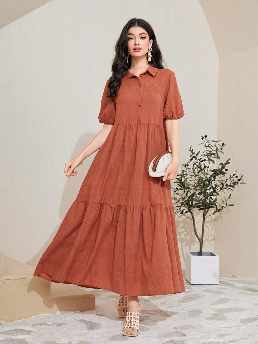 Mulvari Cotton Puff Sleeve Ruffle Hem Smock Dress