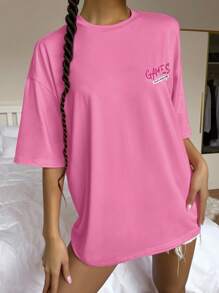 SHEIN Unity 海豚和字母圖案落肩T恤 - 玫紅色 - 查看 2