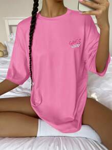 SHEIN Unity 海豚和字母圖案落肩T恤 - 玫紅色 - 查看 3