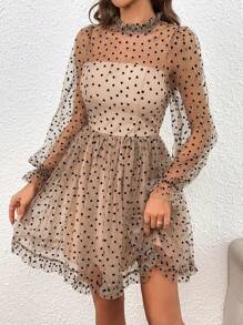 Firerie Allover Heart Print Flounce Sleeve Mesh Overlay Dress - Brown - View 5