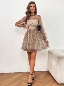 Firerie Allover Heart Print Flounce Sleeve Mesh Overlay Dress - Brown - View 6
