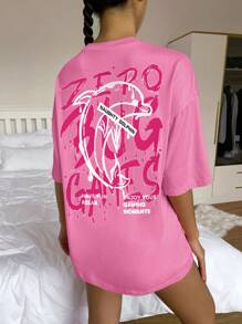 SHEIN Unity 海豚和字母圖案落肩T恤 - 玫紅色 - 查看 5