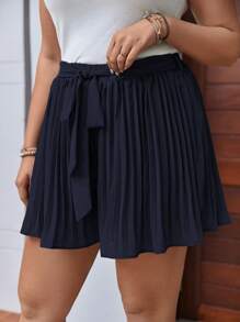 SHEIN LUNE Plus Pleated Belted Shorts - Navy Blue - View 3