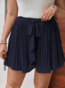 SHEIN LUNE Plus Pleated Belted Shorts - Navy Blue - View 4