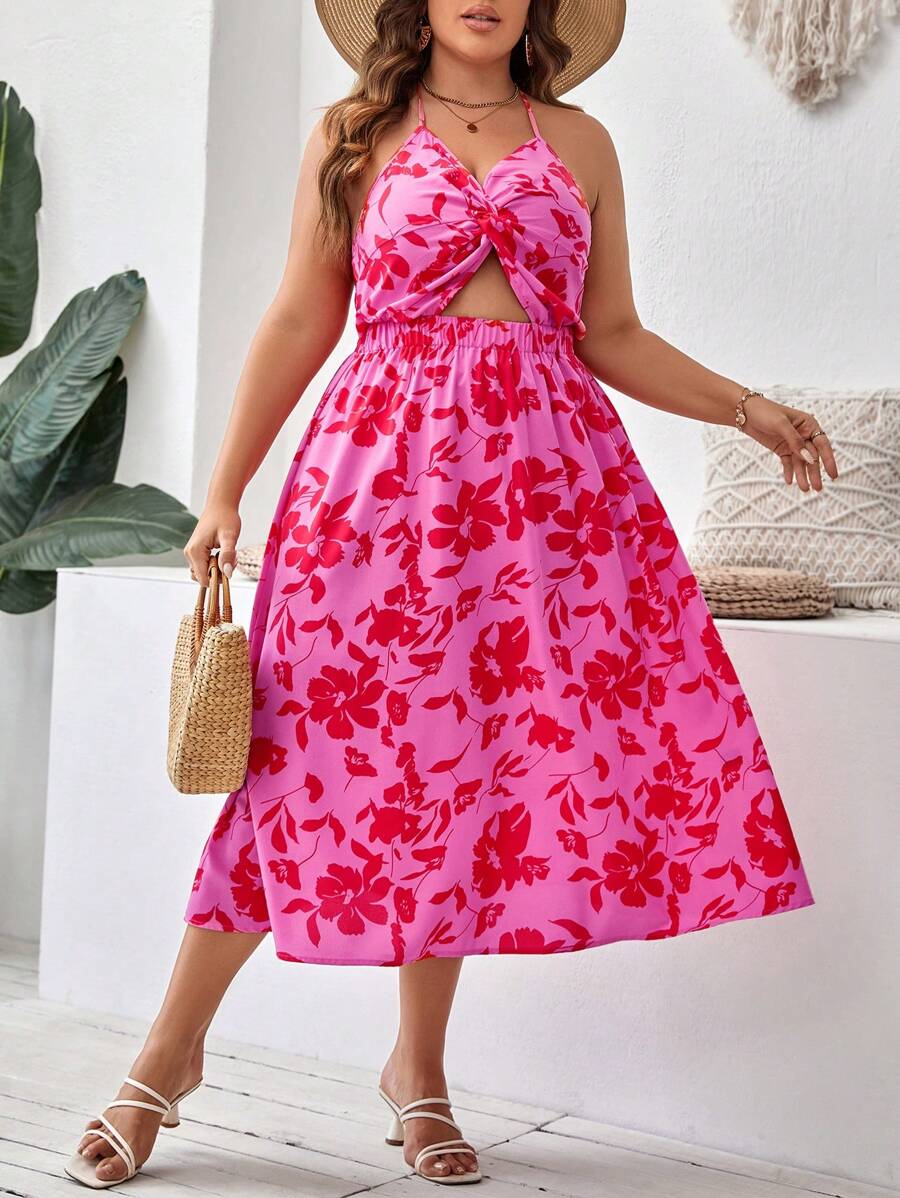 SHEIN VCAY Hơn In hoa Mặt trước xoắn Cắt ra Ca-vát Backless Váy dây - Hồng - Xem 1