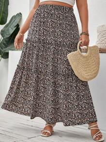 SHEIN VCAY 大碼碎花褶邊荷葉邊半身裙 - 黑色 - 查看 1