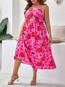 SHEIN VCAY Hơn In hoa Mặt trước xoắn Cắt ra Ca-vát Backless Váy dây - Hồng - Xem 3