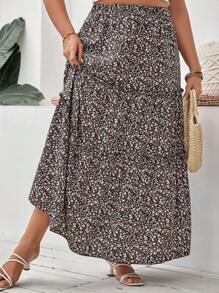 SHEIN VCAY 大碼碎花褶邊荷葉邊半身裙 - 黑色 - 查看 3