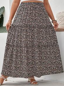 SHEIN VCAY 大碼碎花褶邊荷葉邊半身裙 - 黑色 - 查看 5