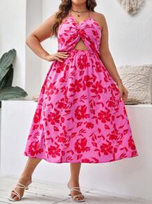 SHEIN VCAY Hơn In hoa Mặt trước xoắn Cắt ra Ca-vát Backless Váy dây - Hồng - Xem 5