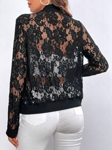 SHEIN Privé Zip Up Lace Bomber Jacket Without Cami Top - Black - View 2