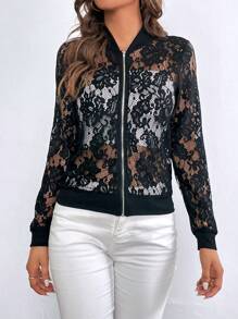 SHEIN Privé Zip Up Lace Bomber Jacket Without Cami Top - Black - View 4