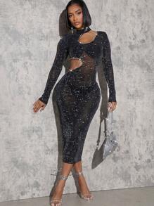 Hauture Rhinestone Cut Out Glitter Star Dress - Black - View 2