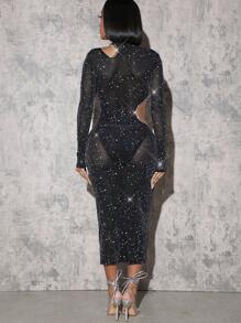 Hauture Rhinestone Cut Out Glitter Star Dress - Black - View 3