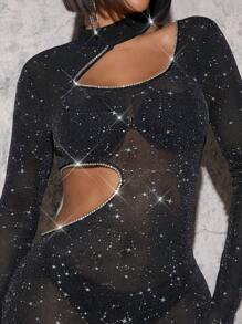 Hauture Rhinestone Cut Out Glitter Star Dress - Black - View 6