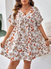 SHEIN VCAY 大碼印花蝙蝠袖娃娃裙 - 彩色 - 查看 1