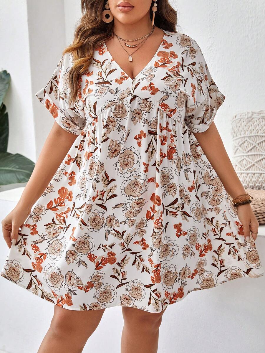 SHEIN VCAY 大碼印花蝙蝠袖娃娃裙 - 彩色 - 查看 1