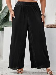 SHEIN VCAY Plus Solid Wide Leg Pants - Black - View 3