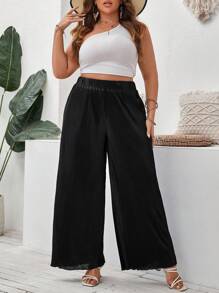 SHEIN VCAY Plus Solid Wide Leg Pants - Black - View 5