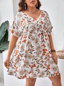 SHEIN VCAY 大碼印花蝙蝠袖娃娃裙 - 彩色 - 查看 5