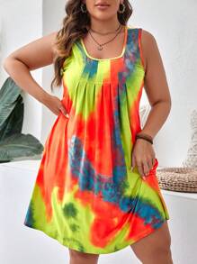 SHEIN VCAY Váy hai dây xếp ly họa tiết nhuộm loang Boho cỡ lớn, dành cho mùa hè - Nhiều màu - Xem 5