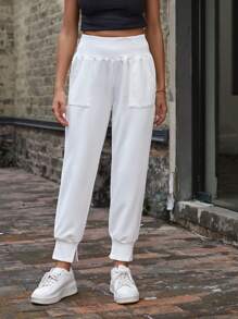 SHEIN LUNE Solid Slant Pocket Sweatpants - Khaki - View 4