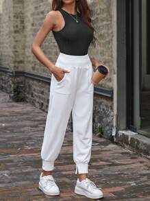 SHEIN LUNE Solid Slant Pocket Sweatpants - Khaki - View 5