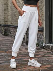 SHEIN LUNE Solid Slant Pocket Sweatpants - Khaki - View 6