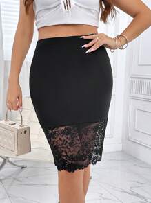 SHEIN Privé Plus Contrast Lace Bodycon Skirt - Black - View 5