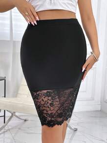SHEIN Privé Plus Contrast Lace Bodycon Skirt - Black - View 4