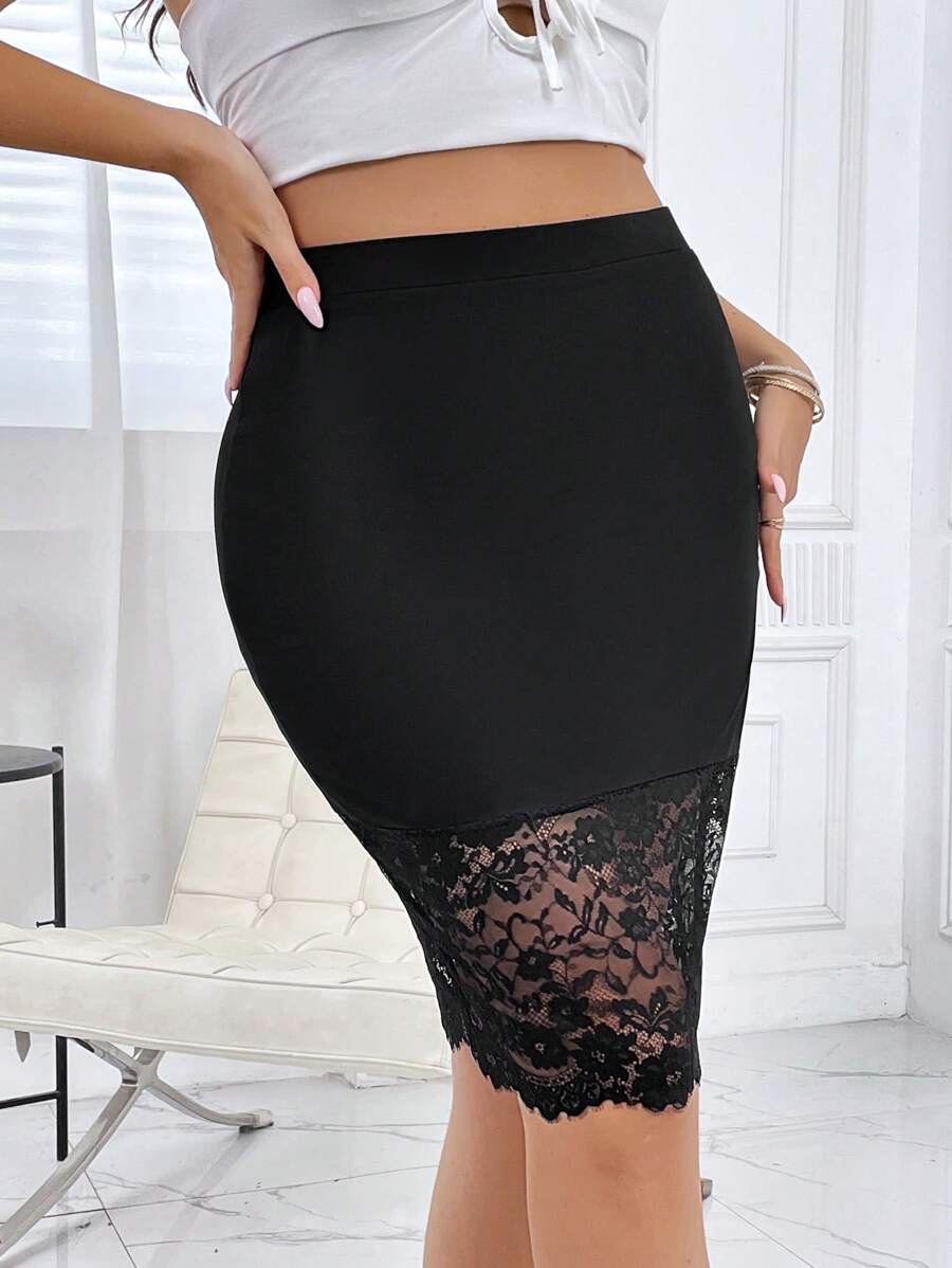 SHEIN Privé Plus Contrast Lace Bodycon Skirt - Black - View 1