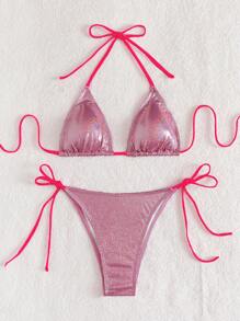 SHEIN Swim Summer Beach Metallic Halter Triangle Tie Side Bikini Set - Hot Pink - View 3