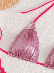 SHEIN Swim Summer Beach Metallic Halter Triangle Tie Side Bikini Set - Hot Pink - View 5