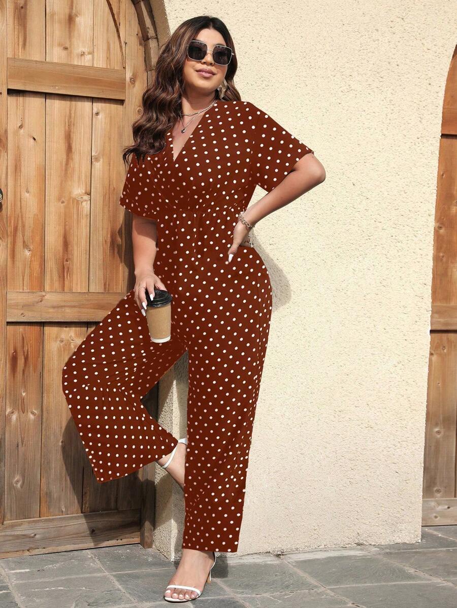SHEIN LUNE Plus Polka Dot Jumpsuit - Orange - View 1