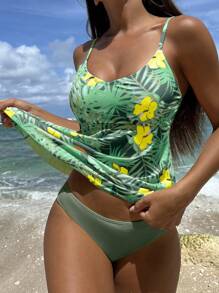 Tropical Print Tankini Summer Beach - Army Green - View 1