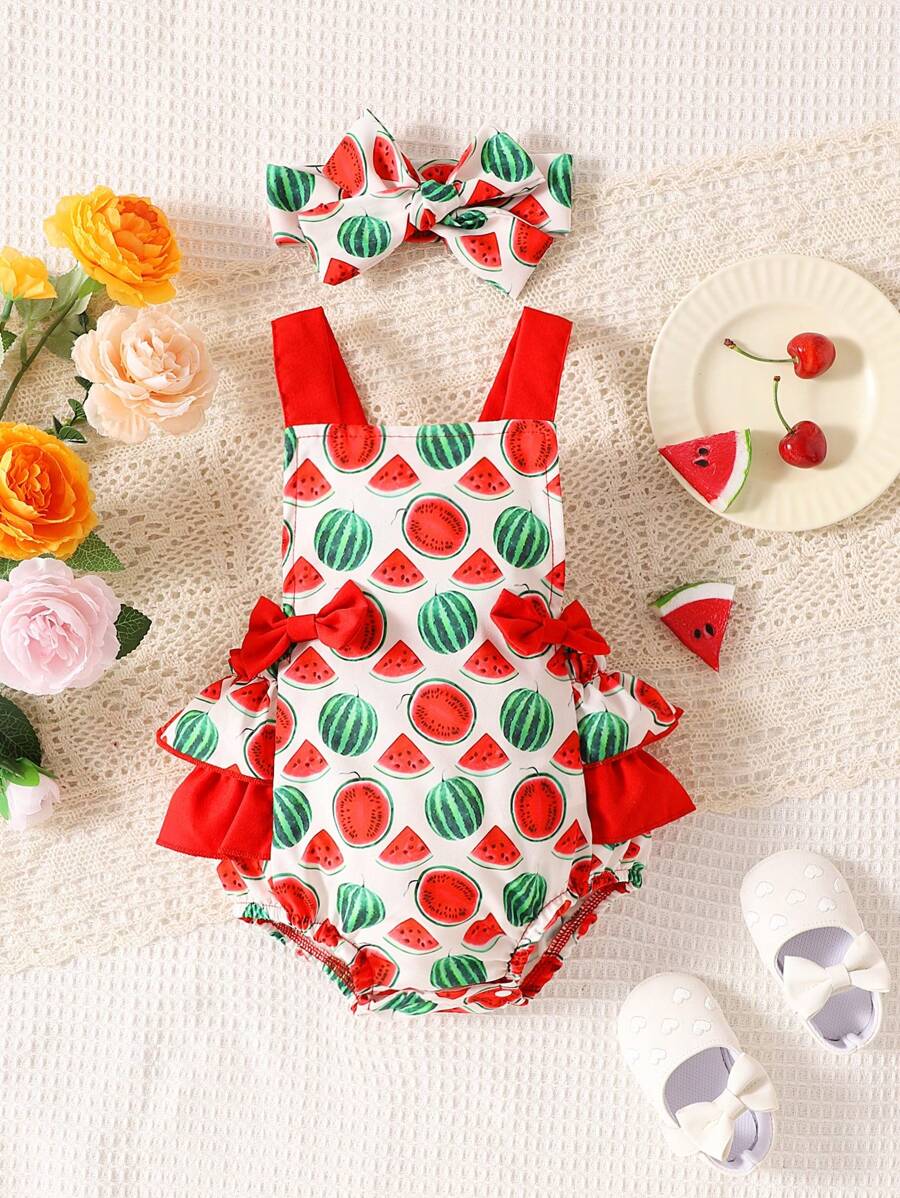 SHEIN Baby Girl Watermelon Print Ruffle Trim Overall Bodysuit & Headband - Multicolor - View 1