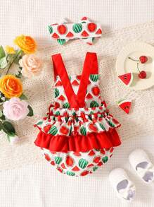 SHEIN Baby Girl Watermelon Print Ruffle Trim Overall Bodysuit & Headband - Multicolor - View 2