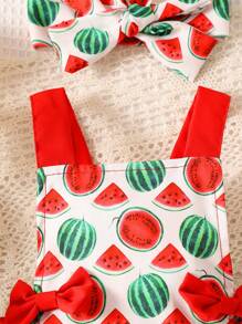 SHEIN Baby Girl Watermelon Print Ruffle Trim Overall Bodysuit & Headband - Multicolor - View 4