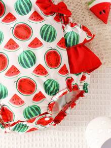 SHEIN Baby Girl Watermelon Print Ruffle Trim Overall Bodysuit & Headband - Multicolor - View 5