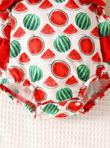 SHEIN Baby Girl Watermelon Print Ruffle Trim Overall Bodysuit & Headband - Multicolor - View 6