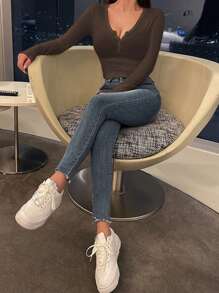 DAZY Half Button Ribbed Knit Crop Tee - Brown - View 4